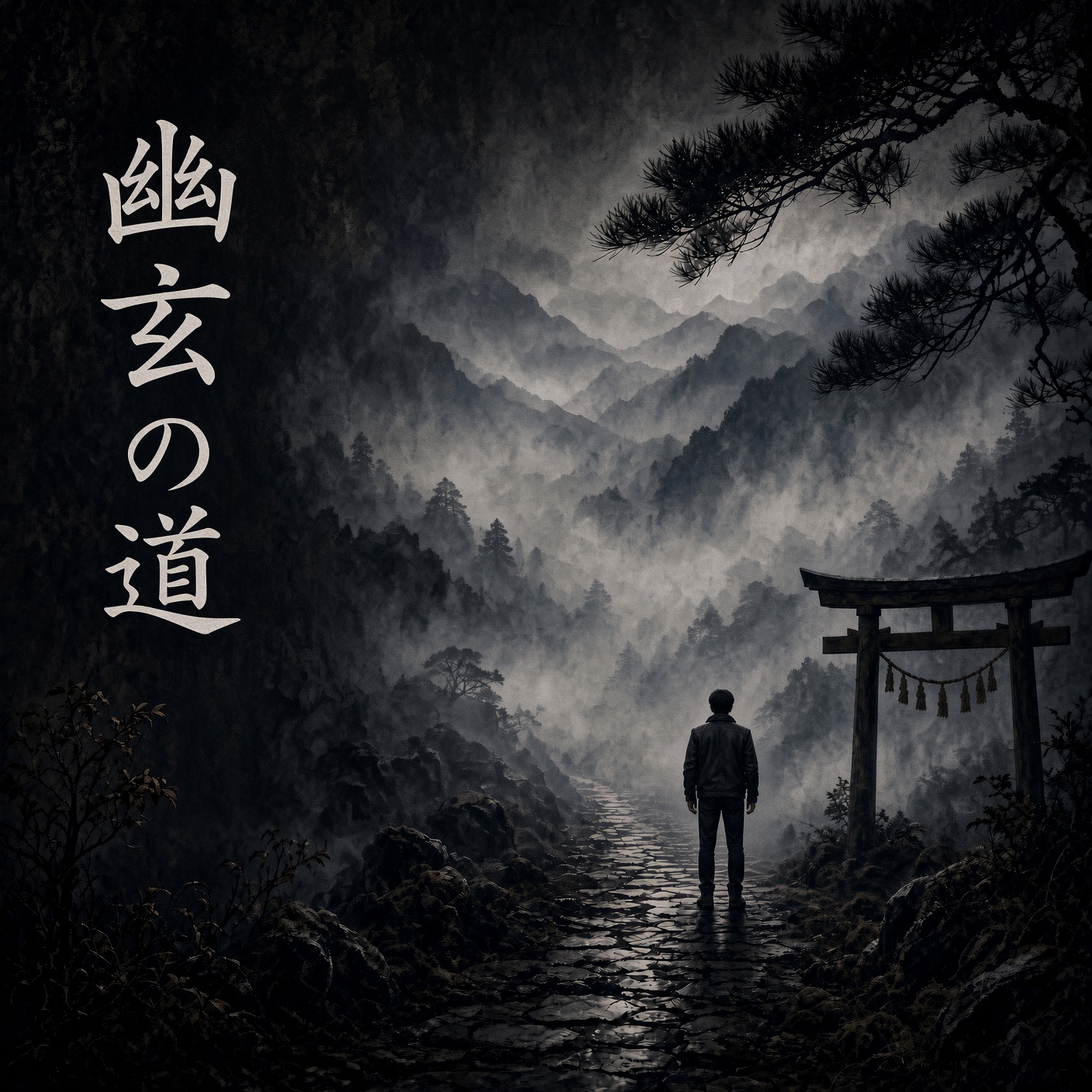 A figure on a misted stone path beside a torii; vertical calligraphy reads 幽玄の道.
