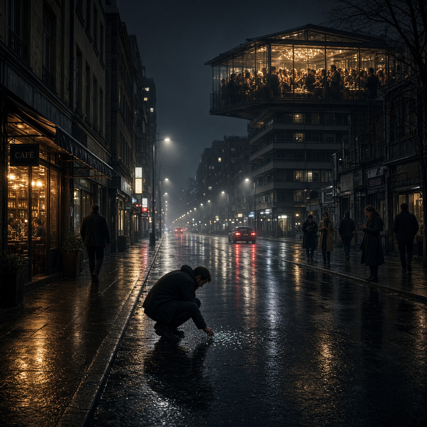 Act I — 自業 · Jigō: a wet modern city street at night; beauty above a small crack of broken glass; elite party in a glass rooftop restaurant