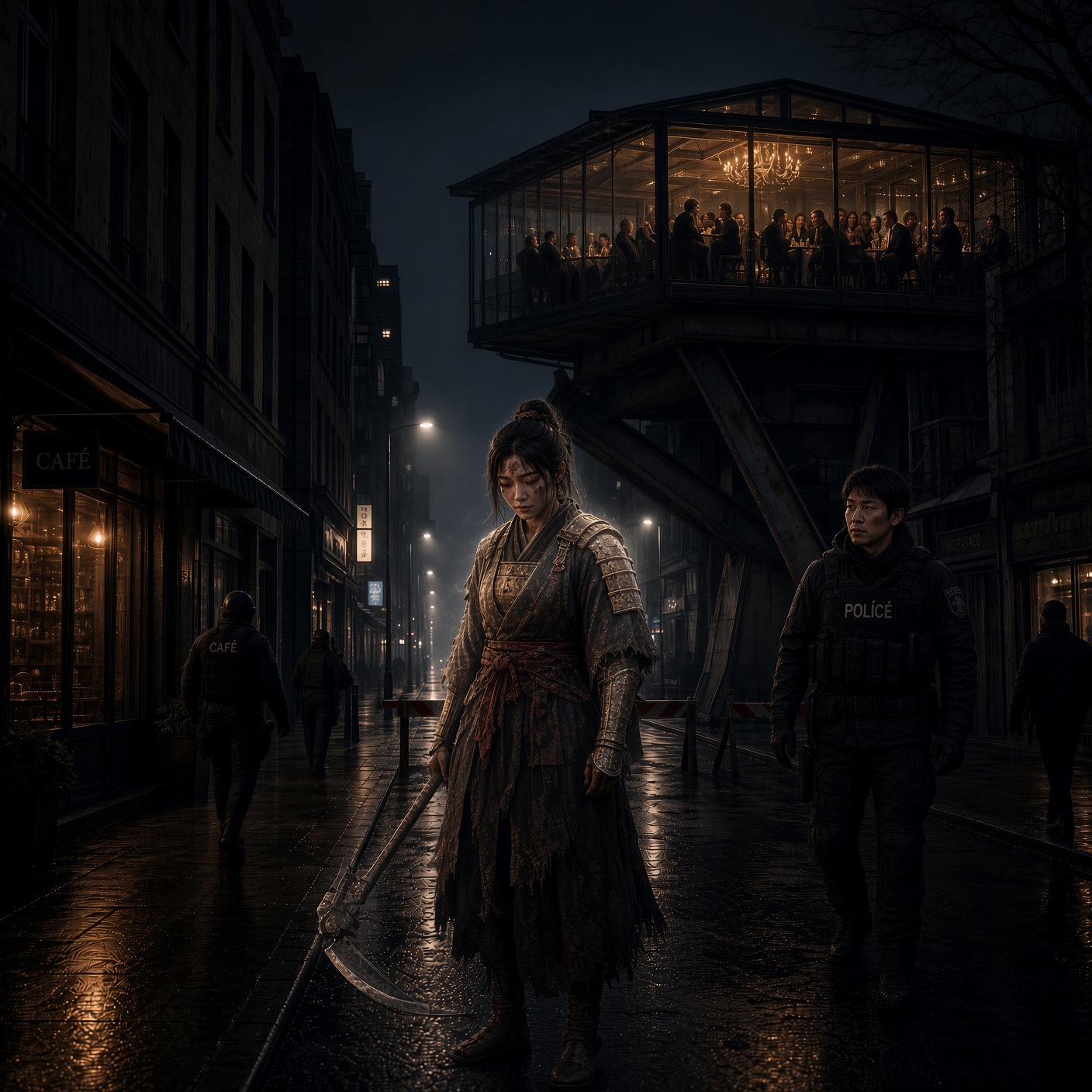 Act II — 転落 · Tenraku: months later on the same street; thin militarization; battle-worn Death Queen with scythe and faintly glowing armor; elite still dining above