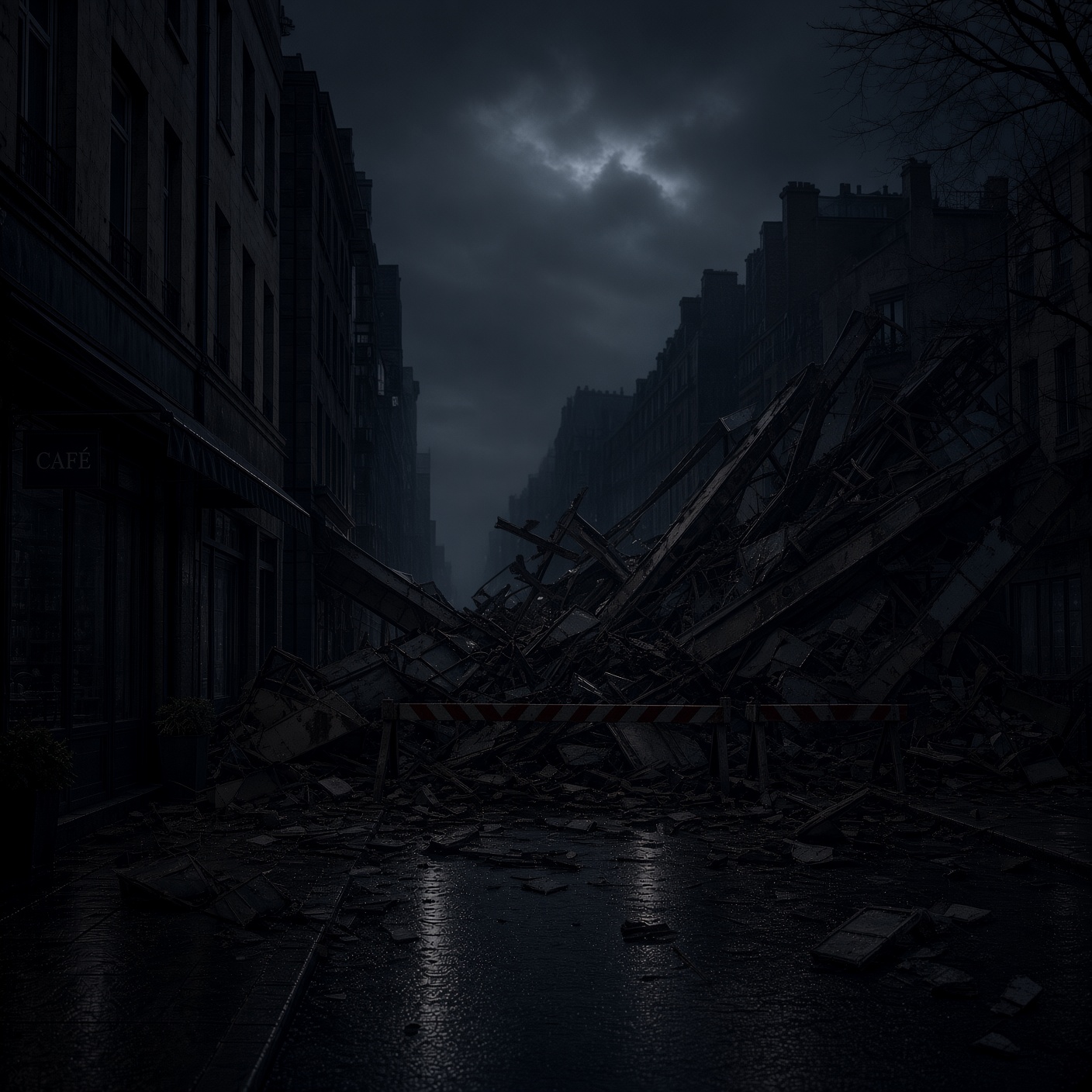 Act III — 自得 · Jitoku: years later under moonlight only; empty street; the fallen rooftop restaurant as wreckage; city standing, not fully crumbled